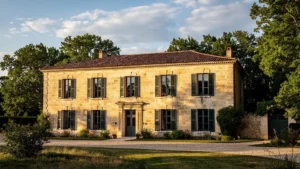 Honey-colored limestone château with terracotta roof and shuttered windows set in countryside grounds in South-West France