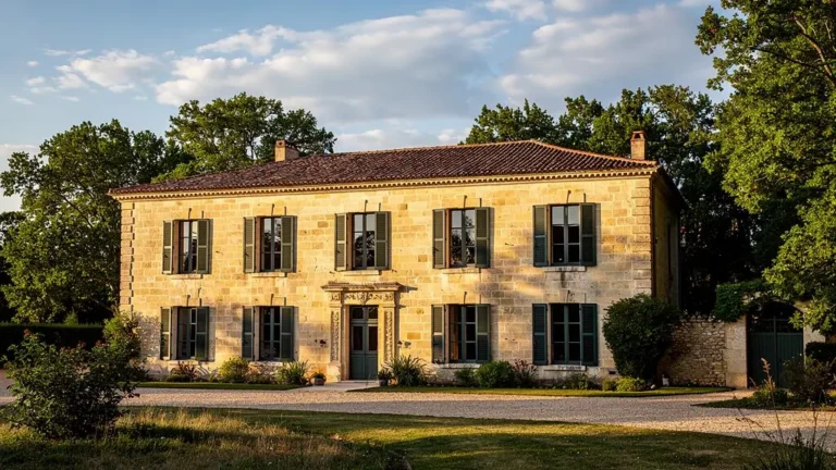 Honey-colored limestone château with terracotta roof and shuttered windows set in countryside grounds in South-West France