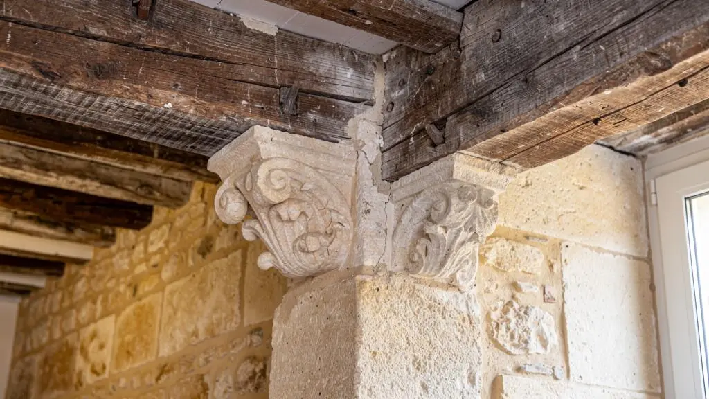 Exposed honey-colored limestone walls and dark oak ceiling beams showing historic construction in a South-West French property interior